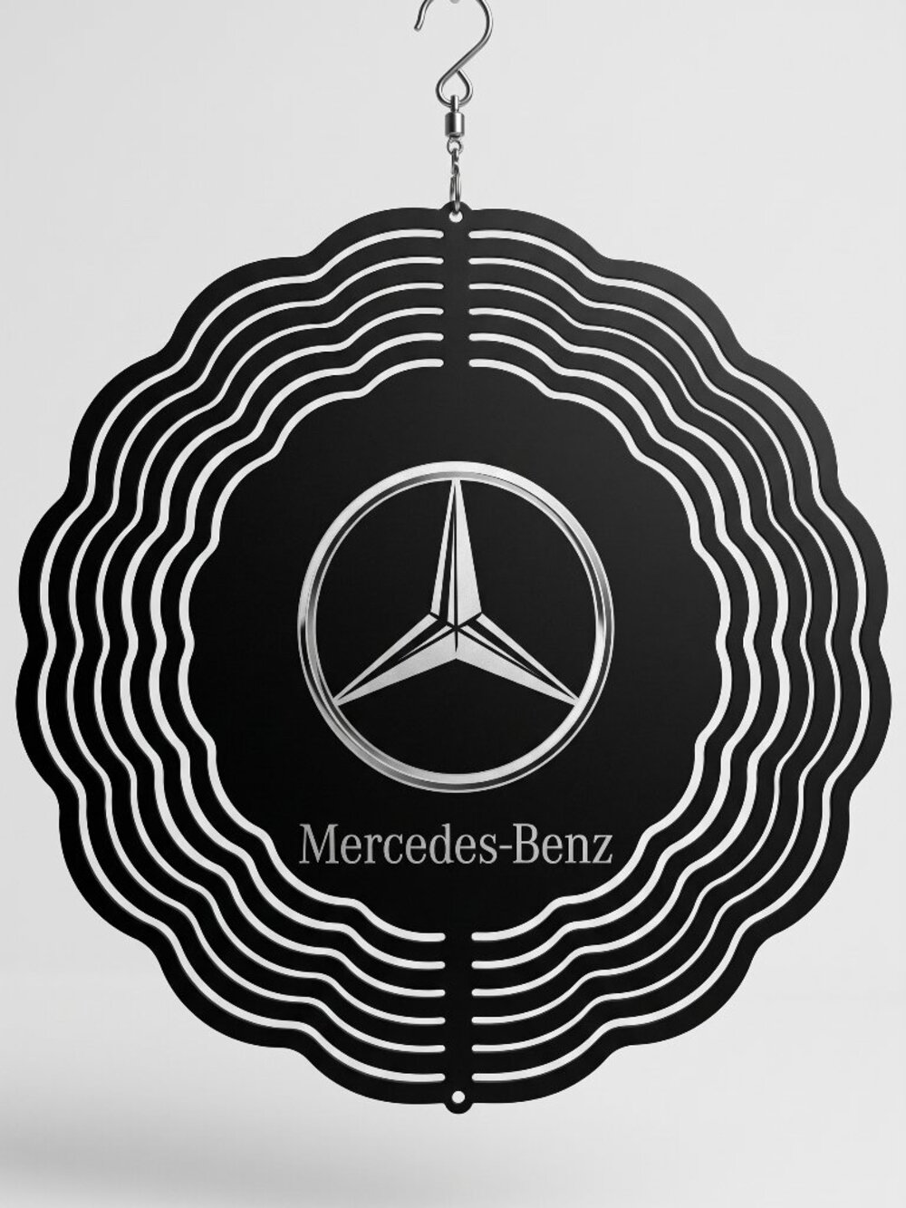 10" Mercedes-Benz Logo Kinetic Wind Spinner - Black Metal Hanging Yard Decor